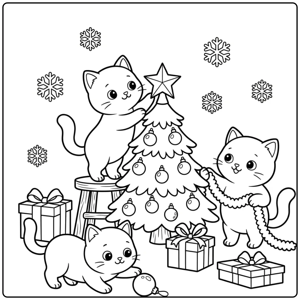 Festive Kittens Decorating a Christmas Tree coloring page