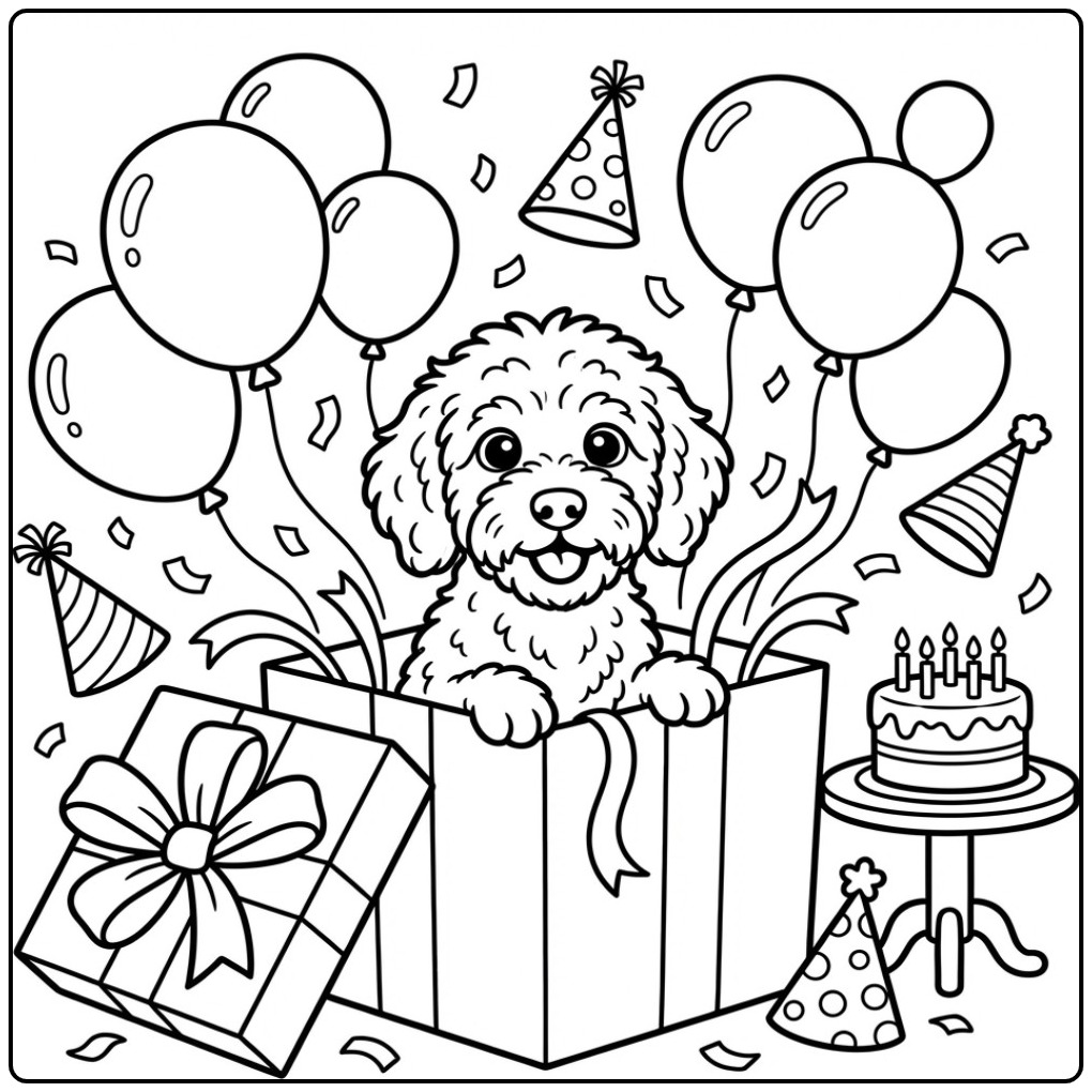 Labradoodle Jumping Out of a Gift Box coloring page