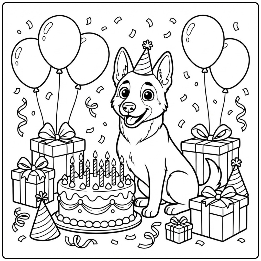 Belgian Malinois Birthday Party with Cake coloring page