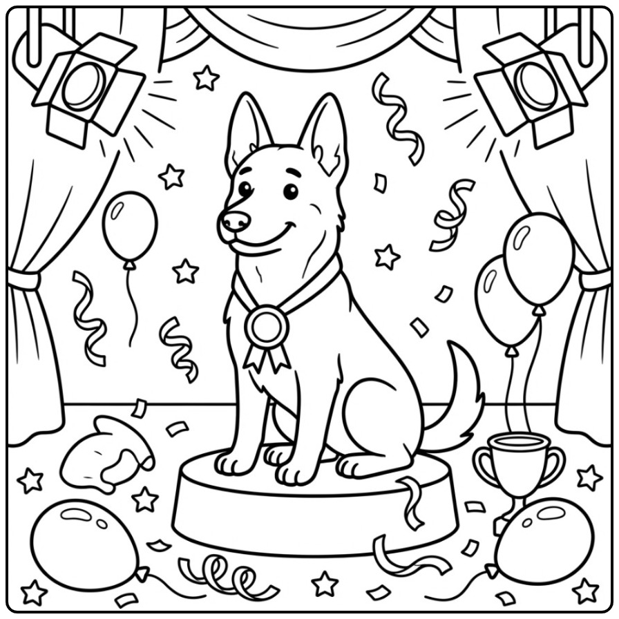 Belgian Malinois Champion on an Award Stage coloring page