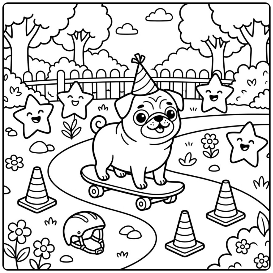 Festive Pug at the Skateboarding coloring page
