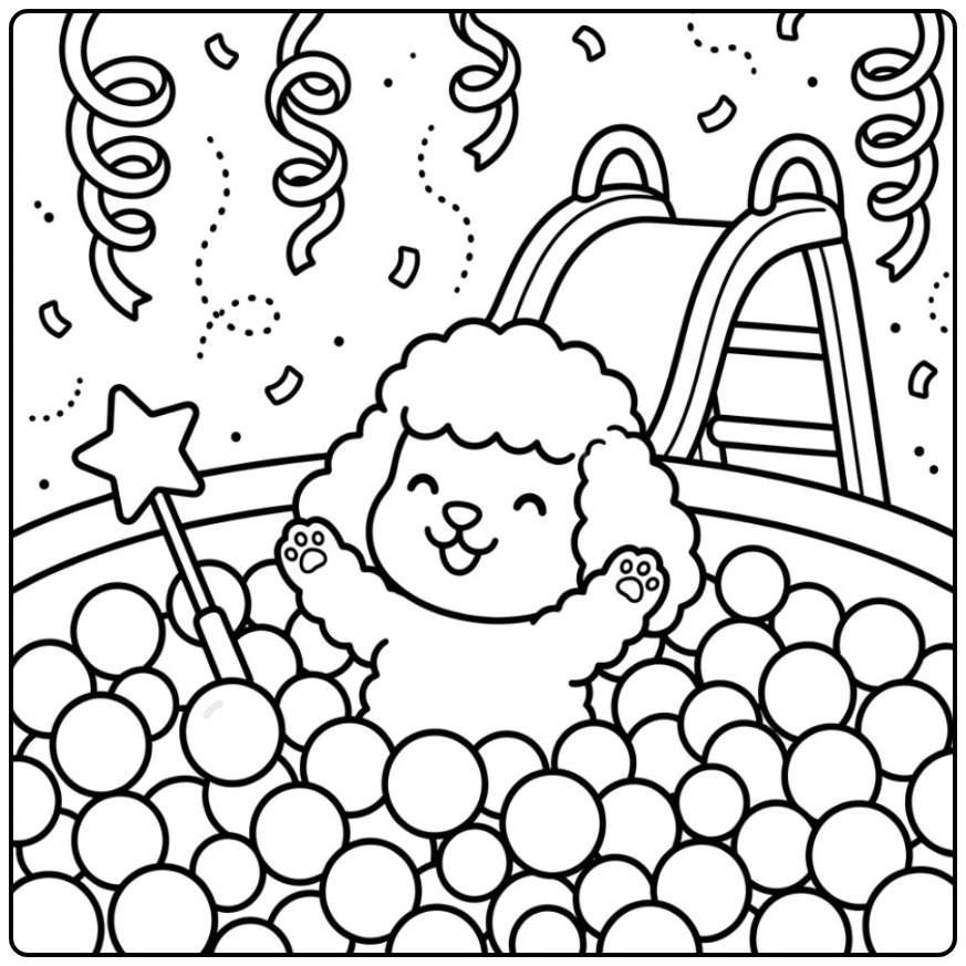 Festive Poodle with a Slide and Confetti coloring page