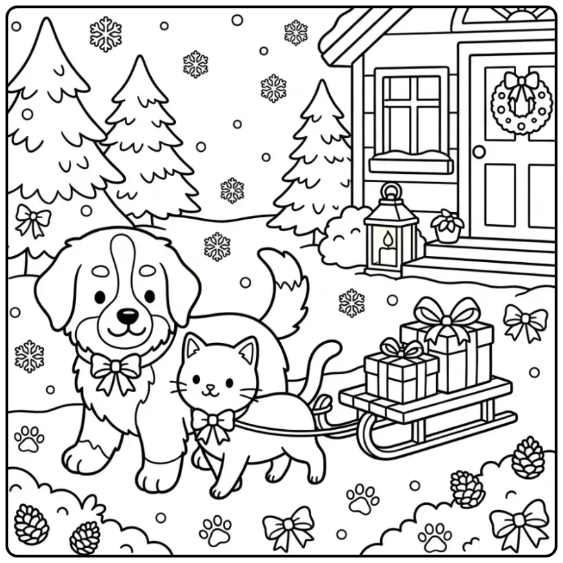 Bernese Mountain Dog Puppy and Kitten Pulling a Gift Sled coloring page