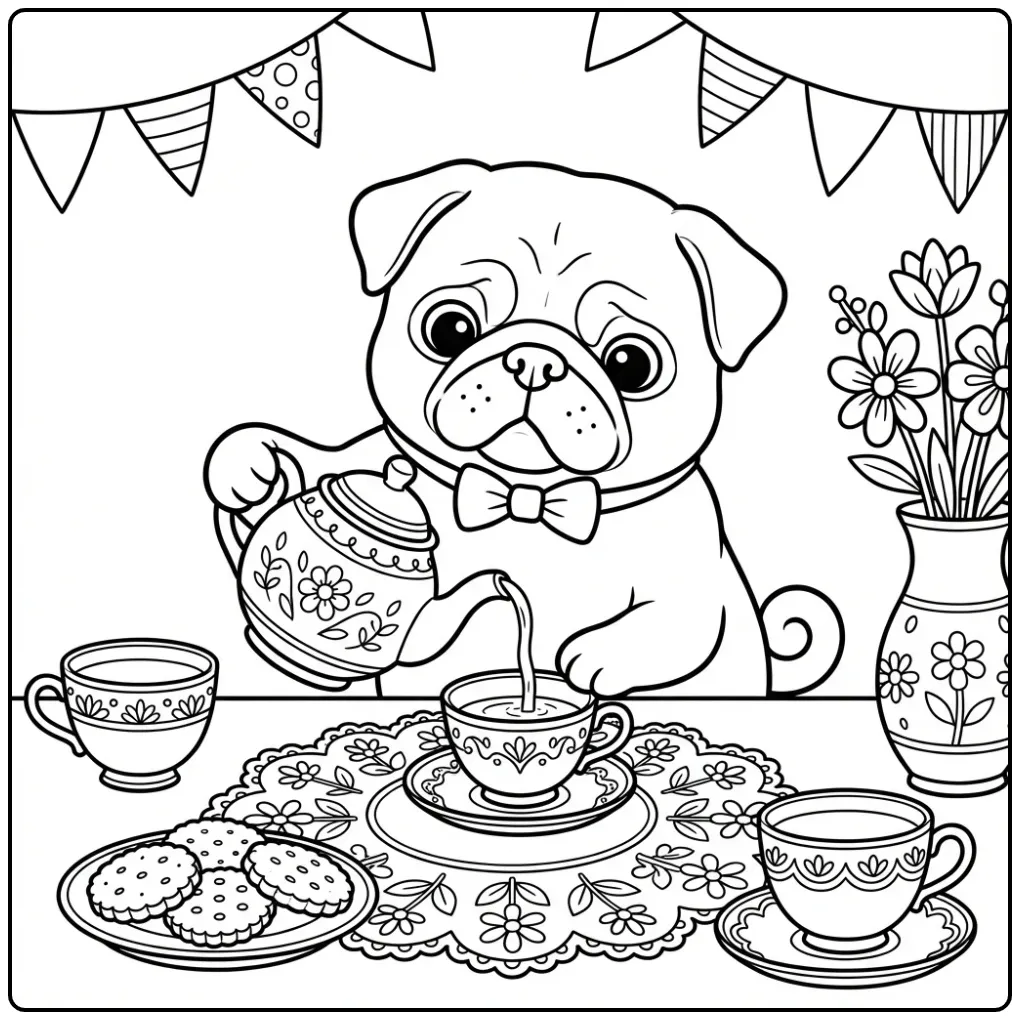 Festive Detailed Puppy with Tea and Cookies coloring page