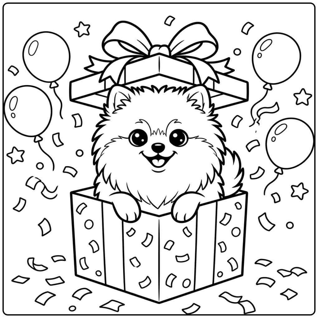 Festive Cute Puppy in a Gift Box coloring page