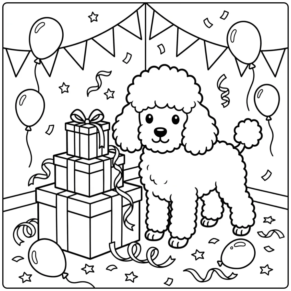 Festive Cute Puppy with Ribbons and Gifts coloring page