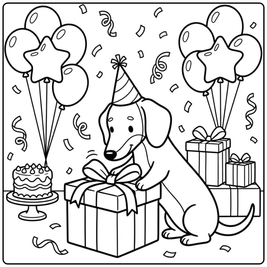 Festive Dachshund a Gift Unwrapping coloring page