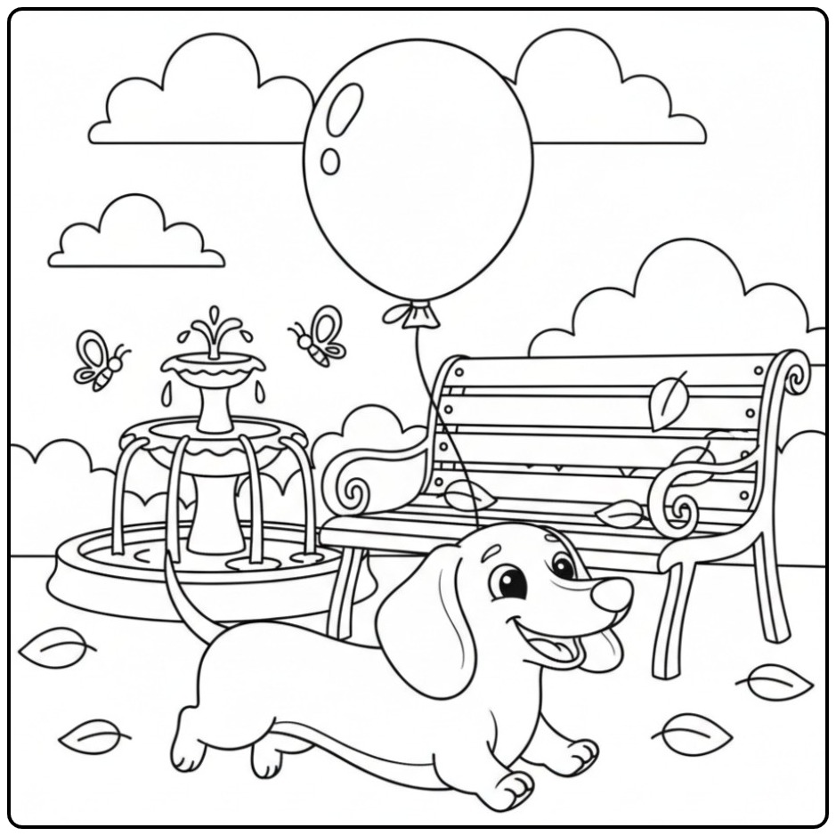 Festive Dachshund with Balloon in a Beautiful Park coloring page