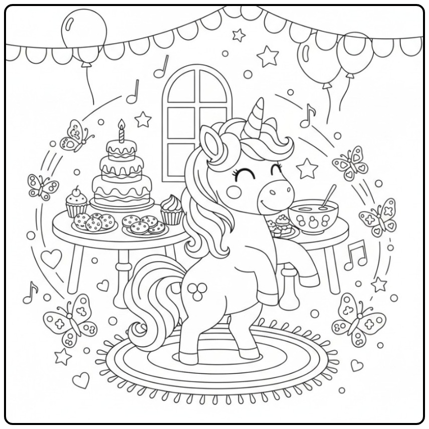 Festive Unicorn and Butterflies Birthday Full of Vrolijkheid coloring page