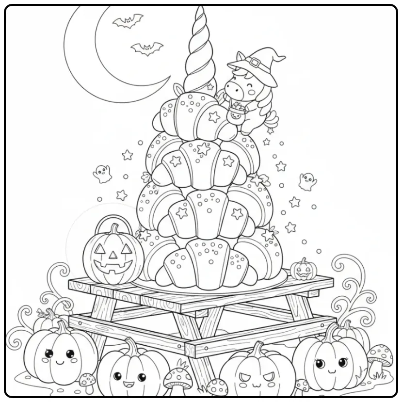 Festive Unicorn Halloween Cake coloring page