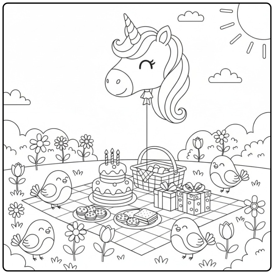 Festive Unicorn Head Birthday and Tasty Cake coloring page