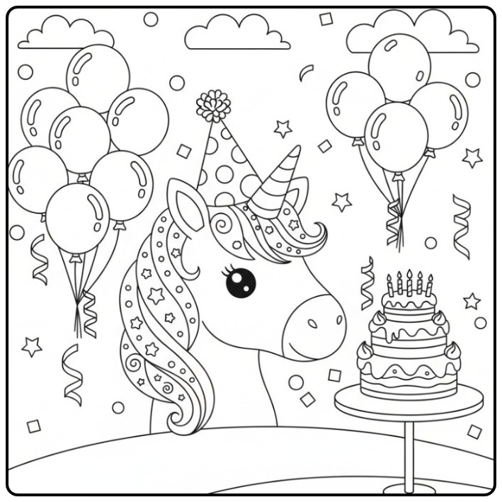 Festive Unicorn Head Birthday coloring page