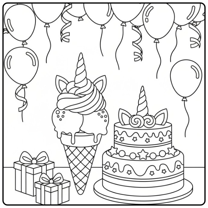 Festive Unicorn Ice Cream Cake and Balloons Waiting coloring page