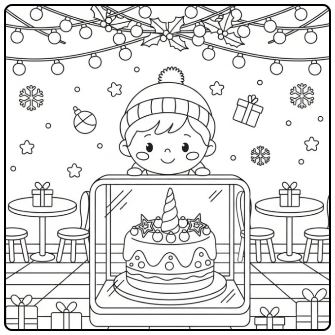 Festive Unicorn Christmas Cake for a Child coloring page