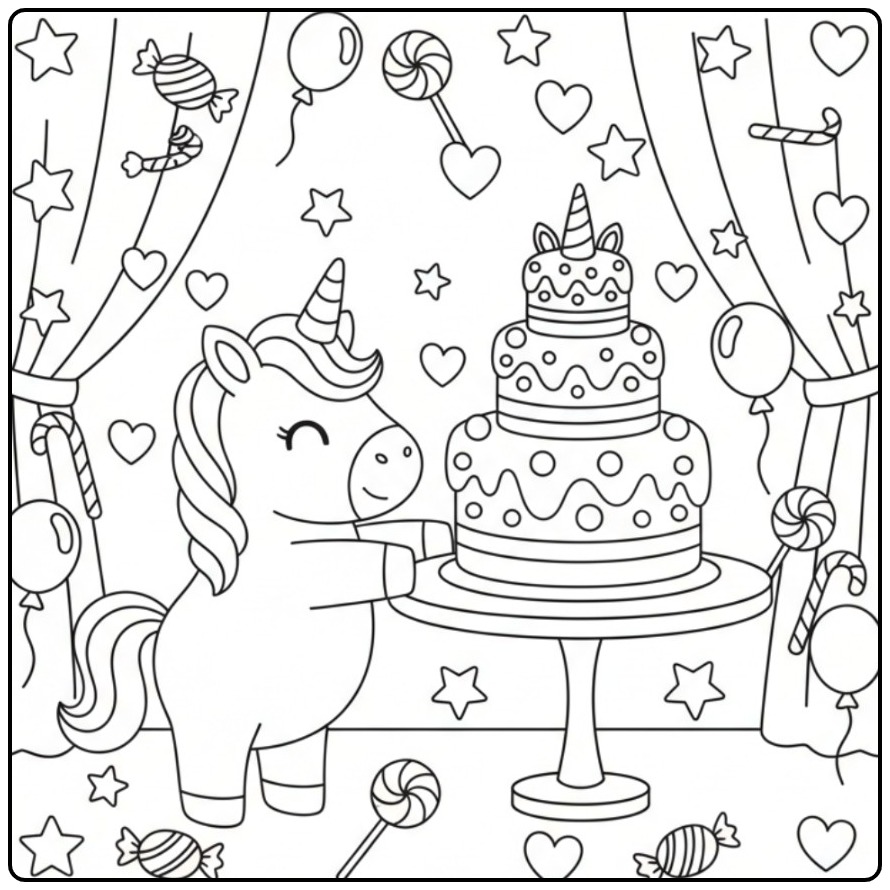 Festive Unicorn Cake for Hours Coloring Fun coloring page