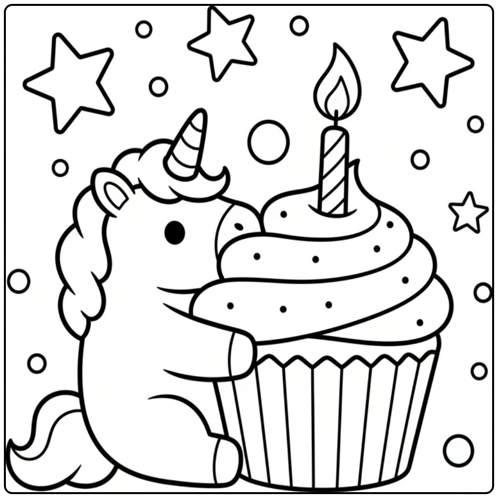 Festive Unicorn Birthday with a Candle coloring page