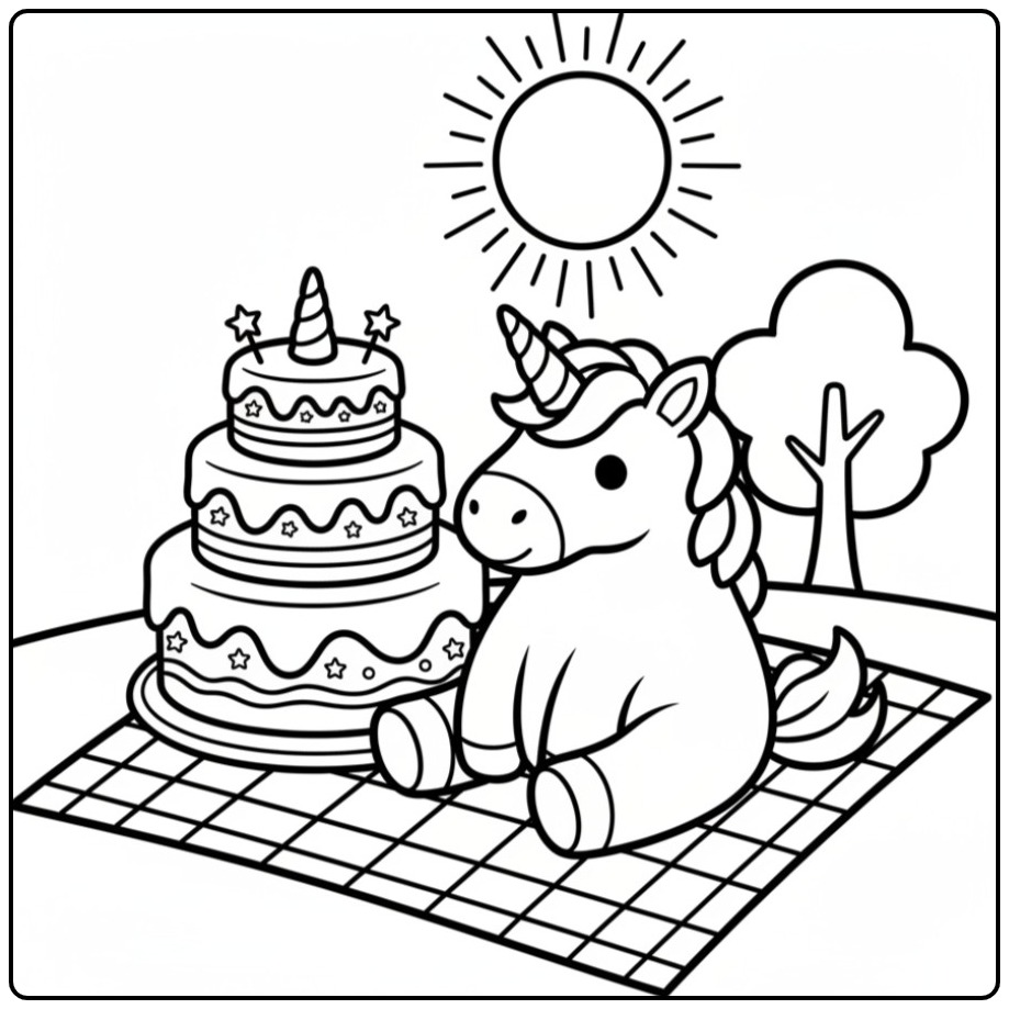 Festive Unicorn Birthday with a Picnic coloring page