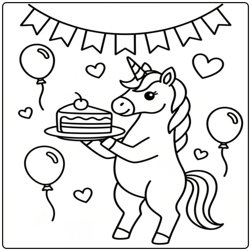 Festive Unicorn Birthday with a Slice Cake coloring page