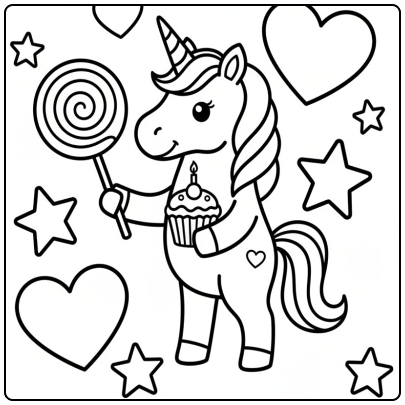 Festive Unicorn Birthday with Stars and Hearts coloring page