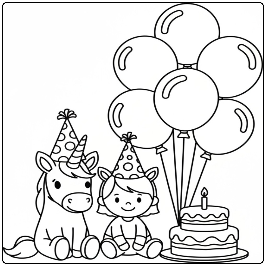 Festive Unicorn Birthday with Cake coloring page