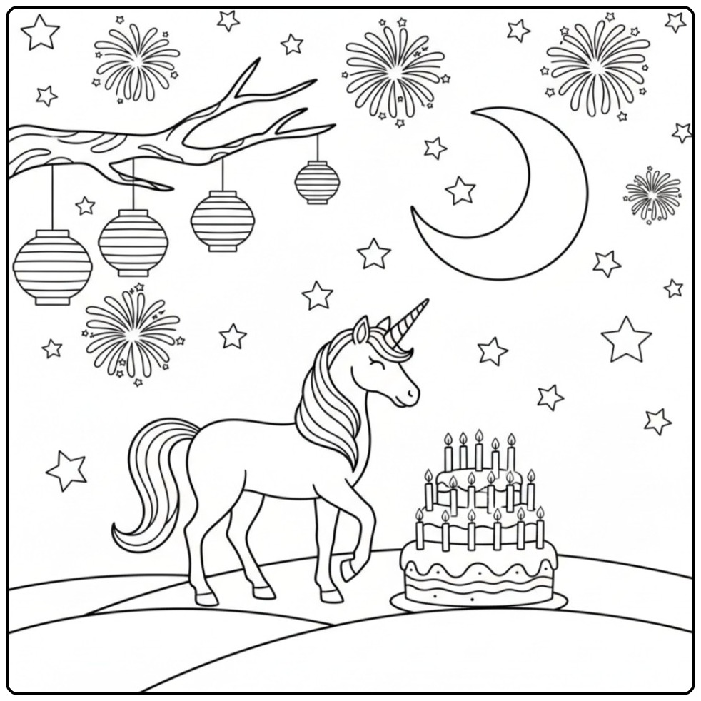 Festive Unicorn Birthday Under the Stars coloring page