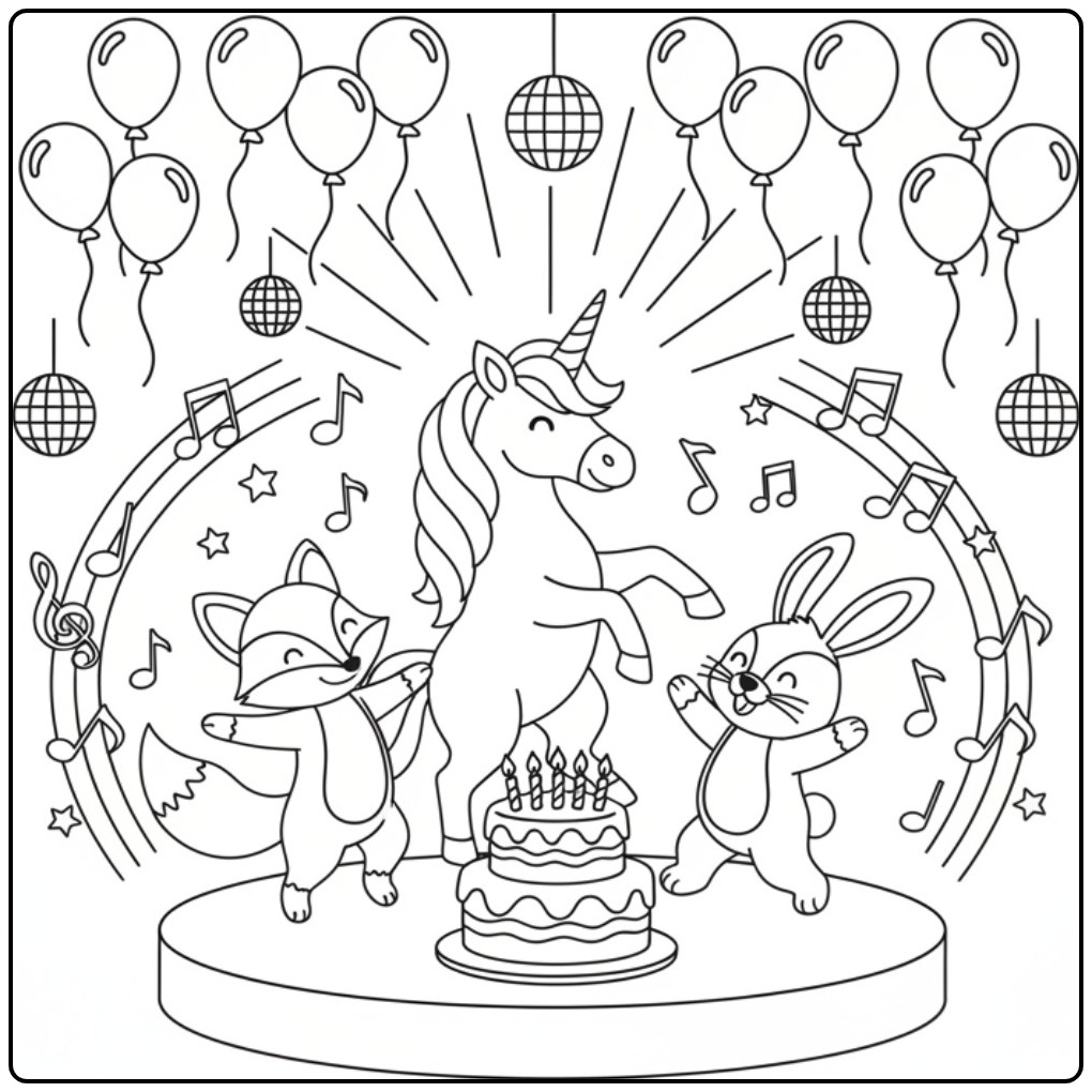 Festive Unicorn Birthday on the Stage coloring page