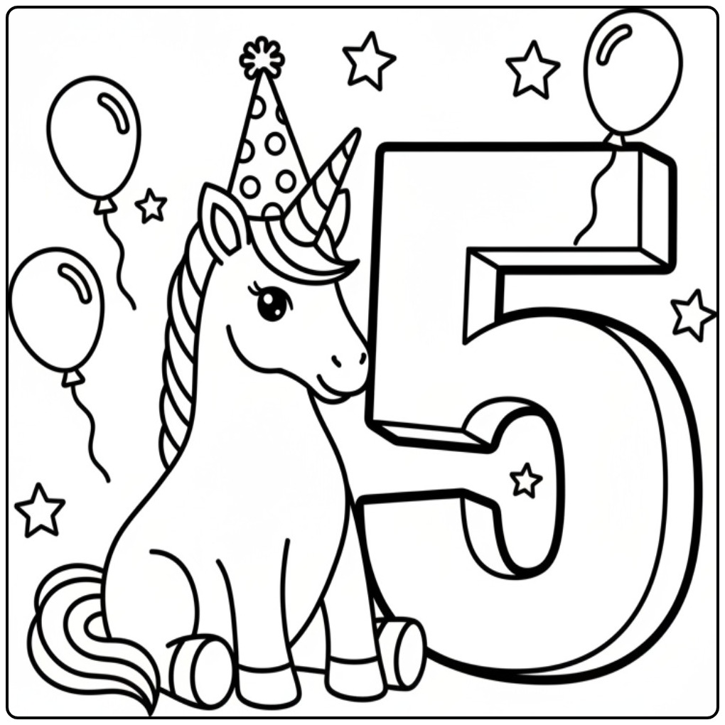 Festive Unicorn Birthday for a Fifth Years coloring page