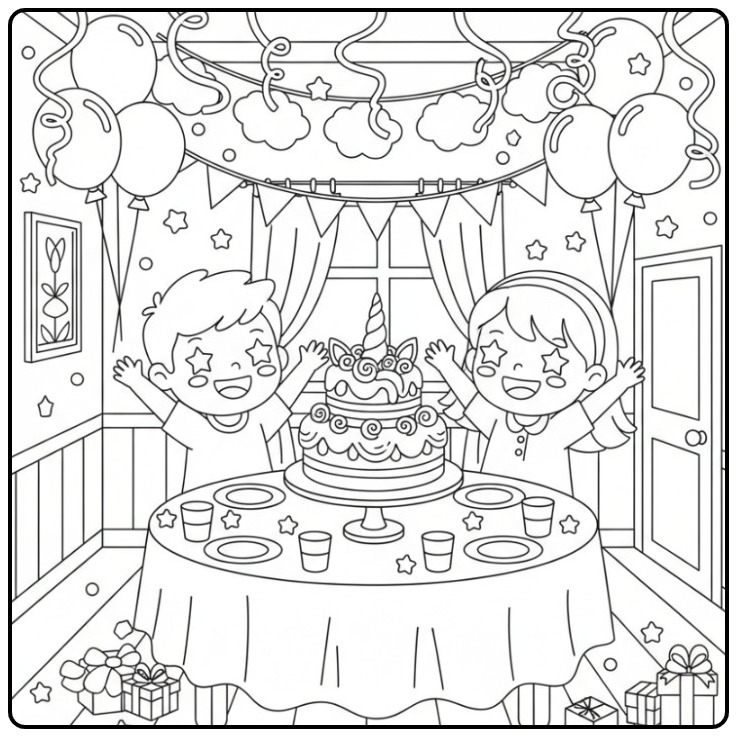 Festive Unicorn Birthday Cake for Kids coloring page