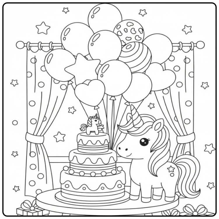 Festive Unicorn Birthday Cake with Balloons and Gifts for You coloring page