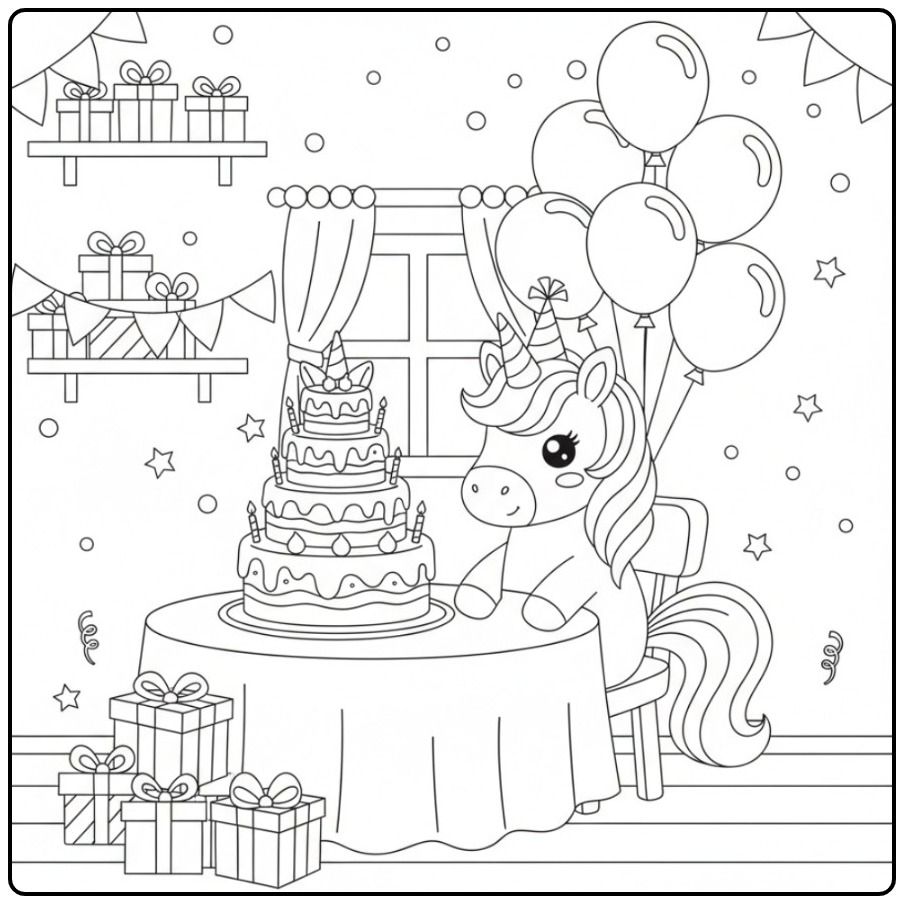 Festive Unicorn Birthday Cake with Balloons and Gifts coloring page