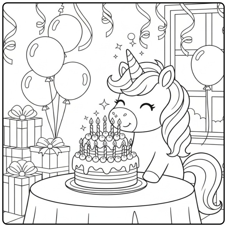 Festive Unicorn Cake with Many Sparkling Birthday Candles coloring page