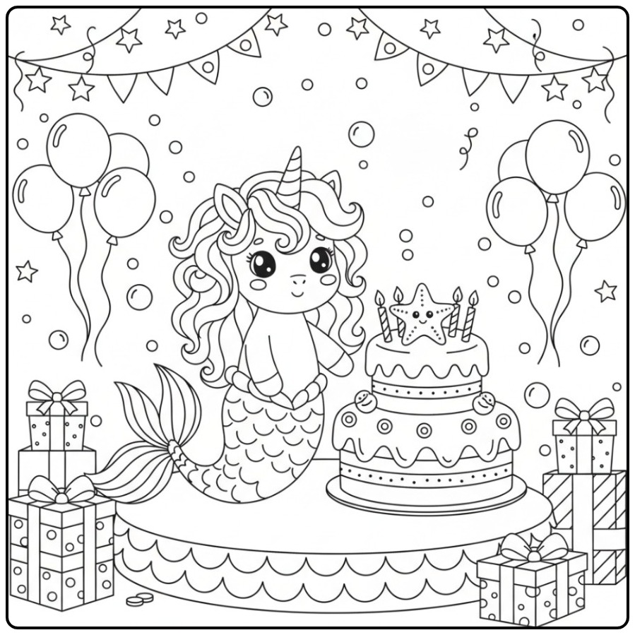 Festive Unicorn Mermaid Birthday with Cake coloring page