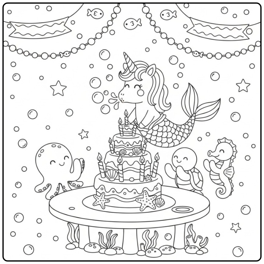 Festive Unicorn Mermaid Birthday Underwater coloring page