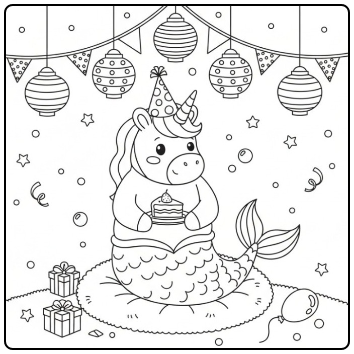 Festive Unicorn Mermaid Birthday coloring page