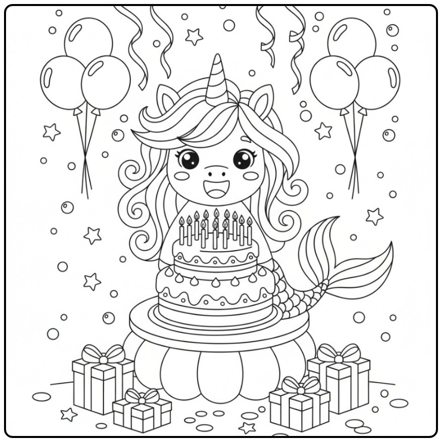 Festive Unicorn Mermaid Birthday coloring page