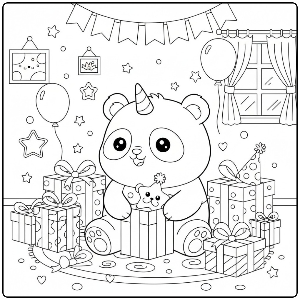 Festive Unicornpanda Birthday and Gifts coloring page