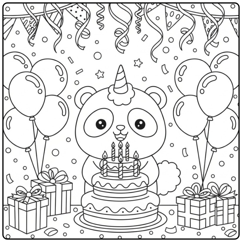 Festive Unicornpanda Birthday with Balloons coloring page