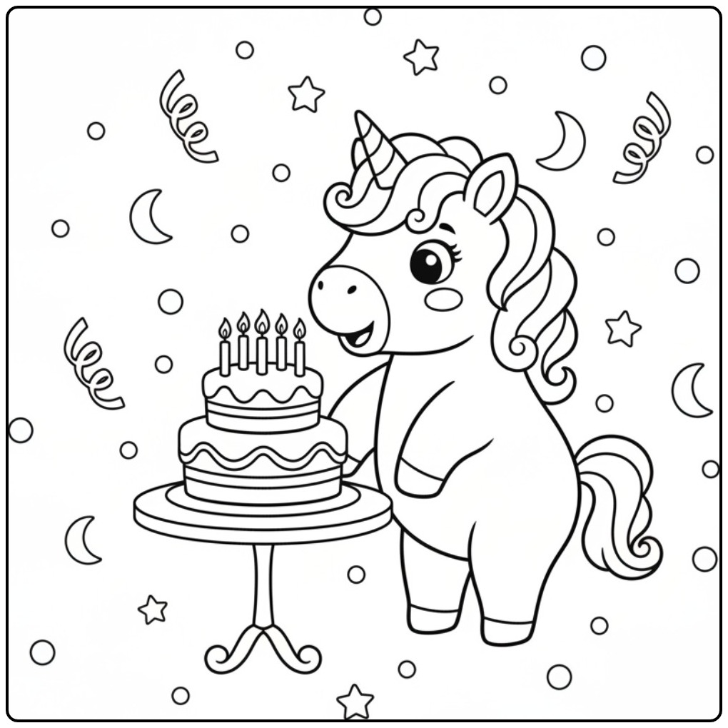 Festive Easy Unicorn Birthday coloring page