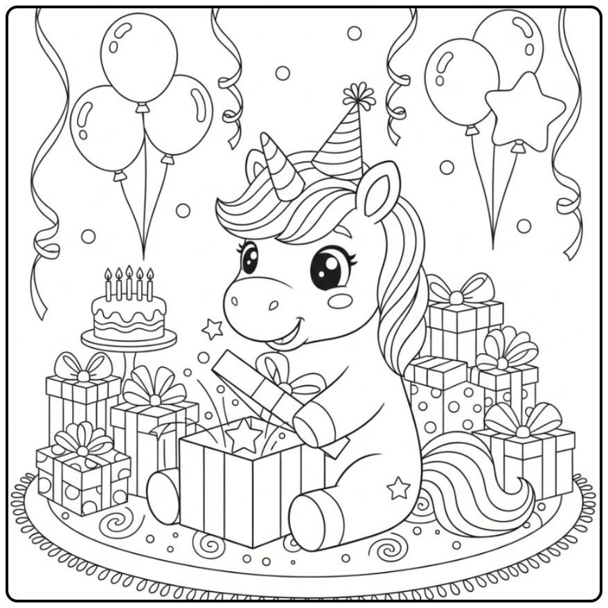 Festive Easy Unicorn Birthday coloring page