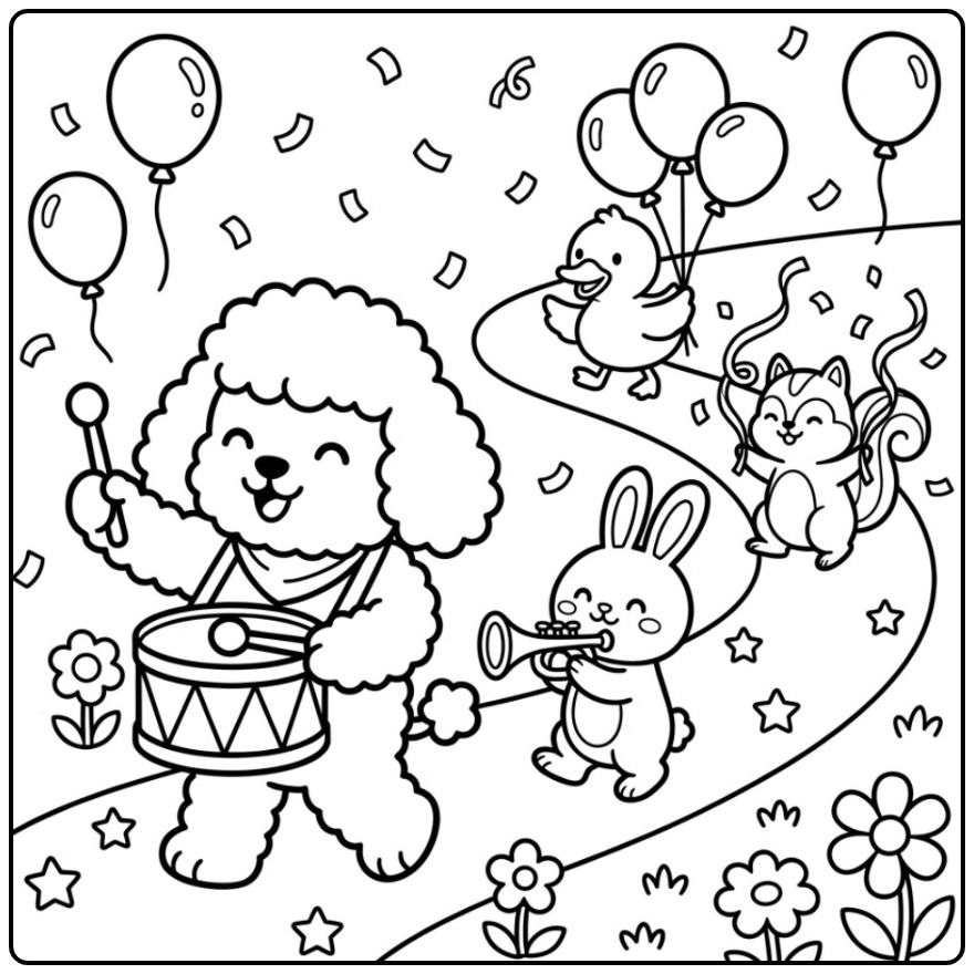 Festive Parade Poodle and Friends coloring page