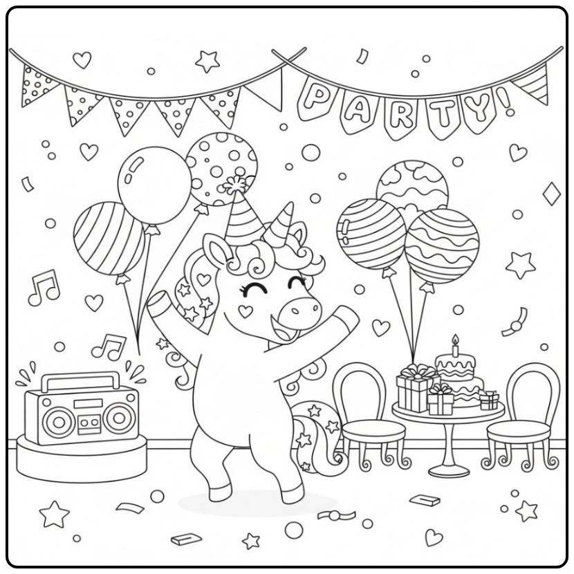 Festive Cute Unicorn Birthday coloring page