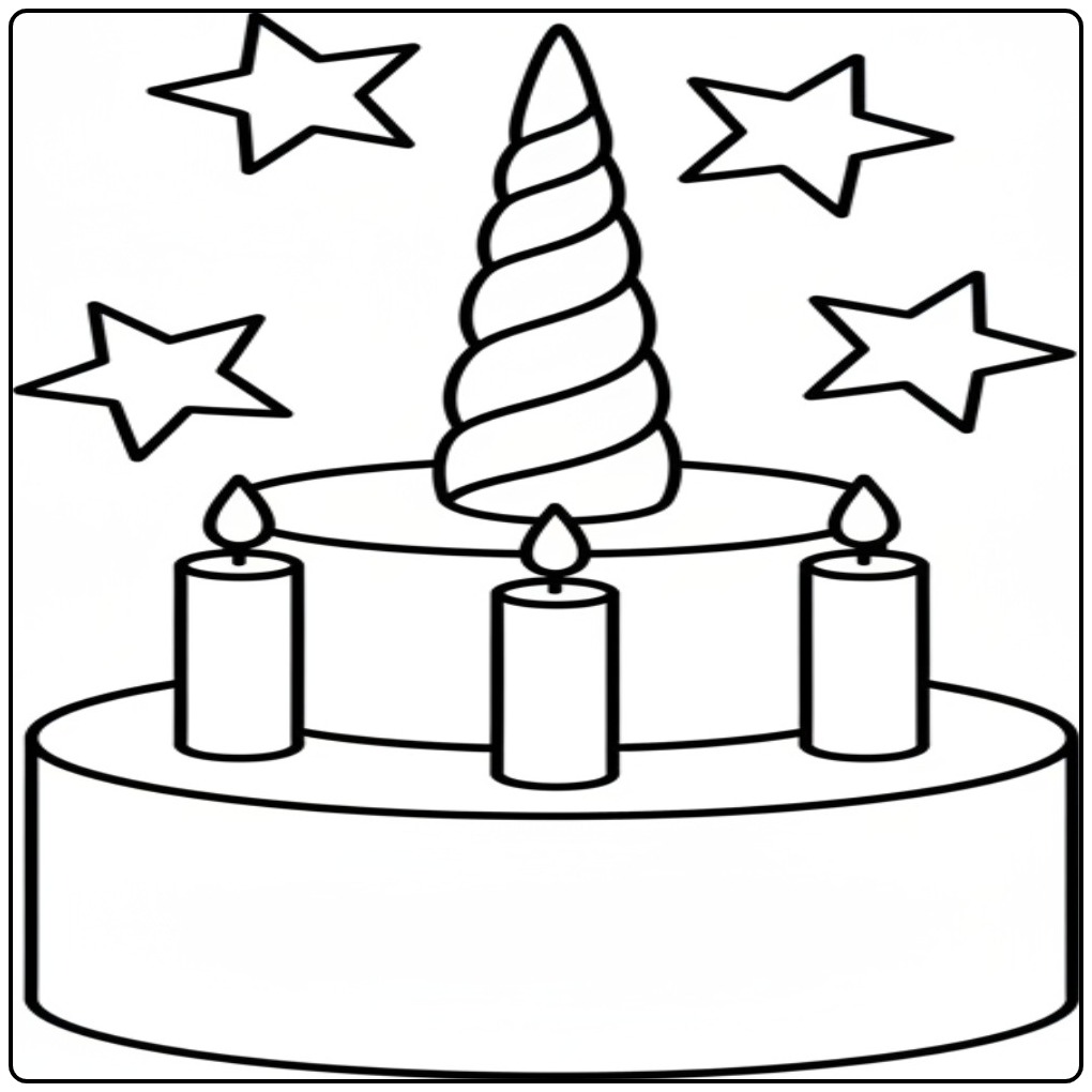 Festive Cake and Stars Unicorn Horn coloring page