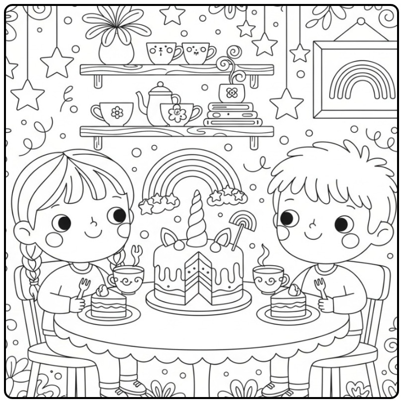 Festive Unicorn Cake and Rainbow for Kids coloring page