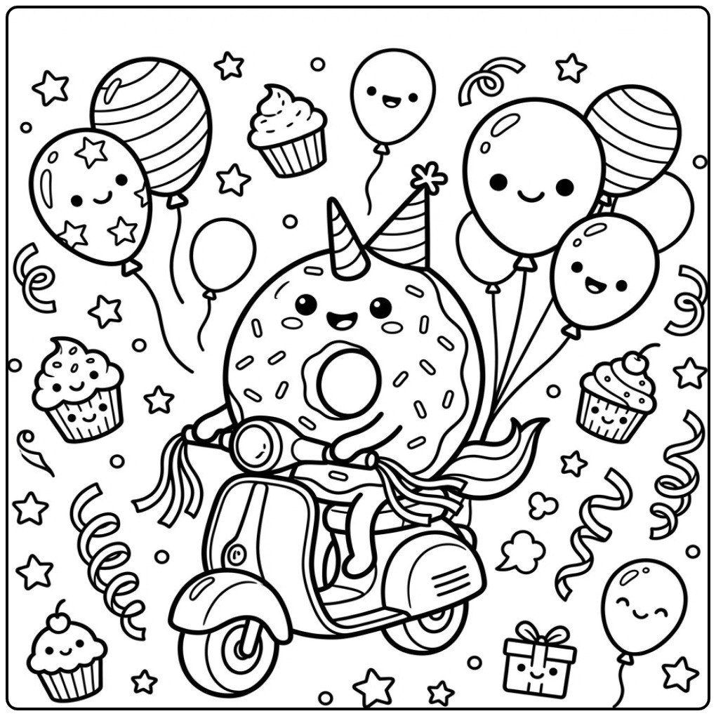 Festive Birthday Donut Unicorn Balloons coloring page