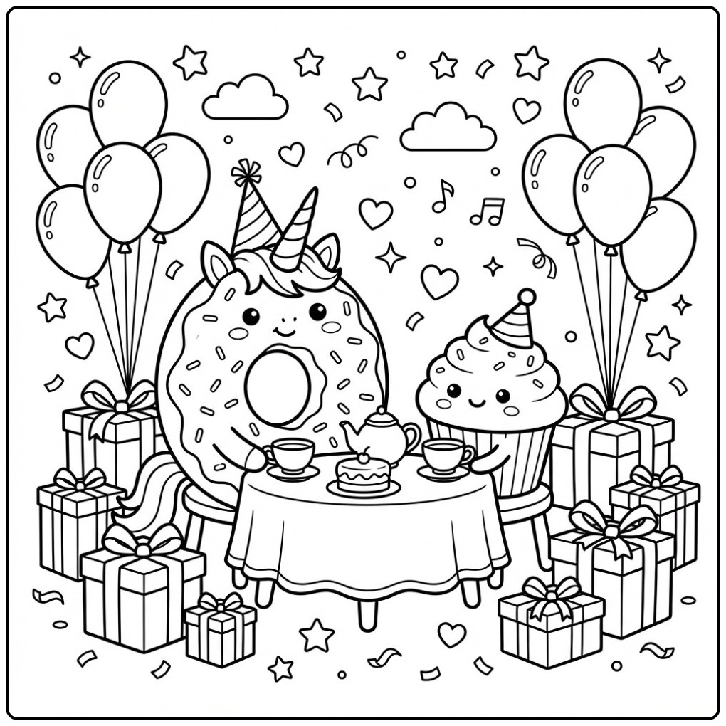 Festive Birthday Donut Unicorn for Children coloring page
