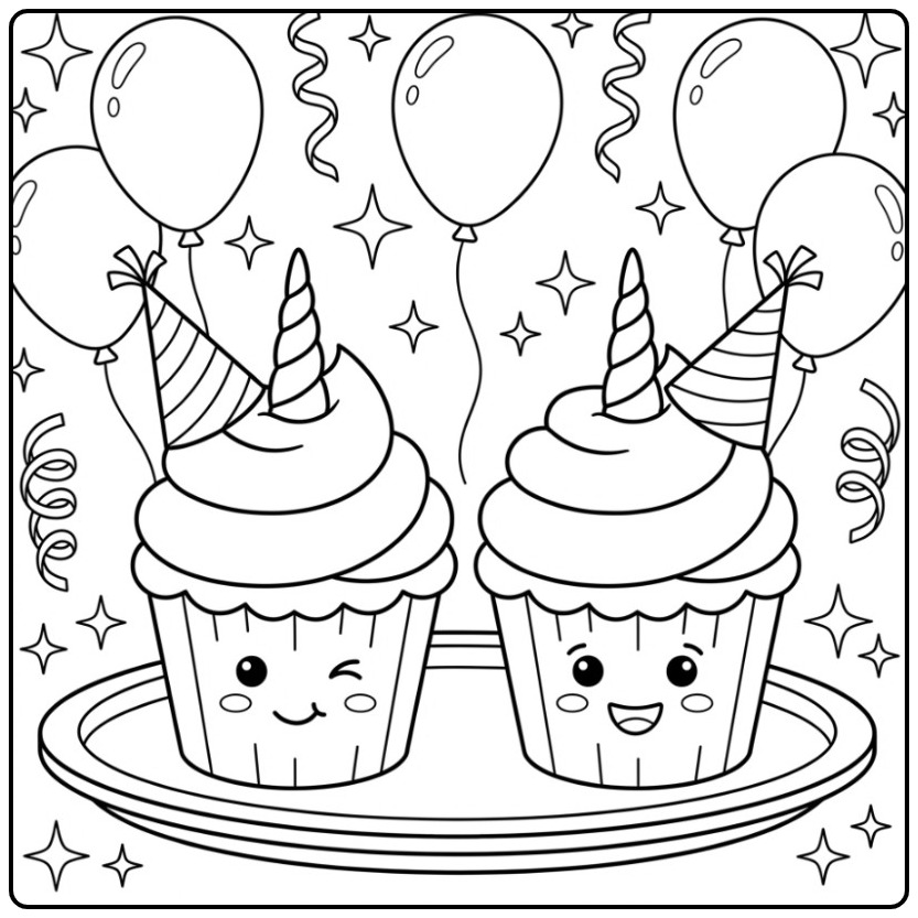 Festive Birthday Unicorn Cupcake for Kids coloring page