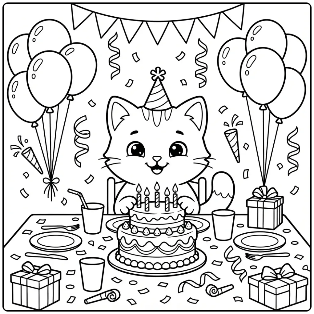 Birthday Kitten with Cake coloring page