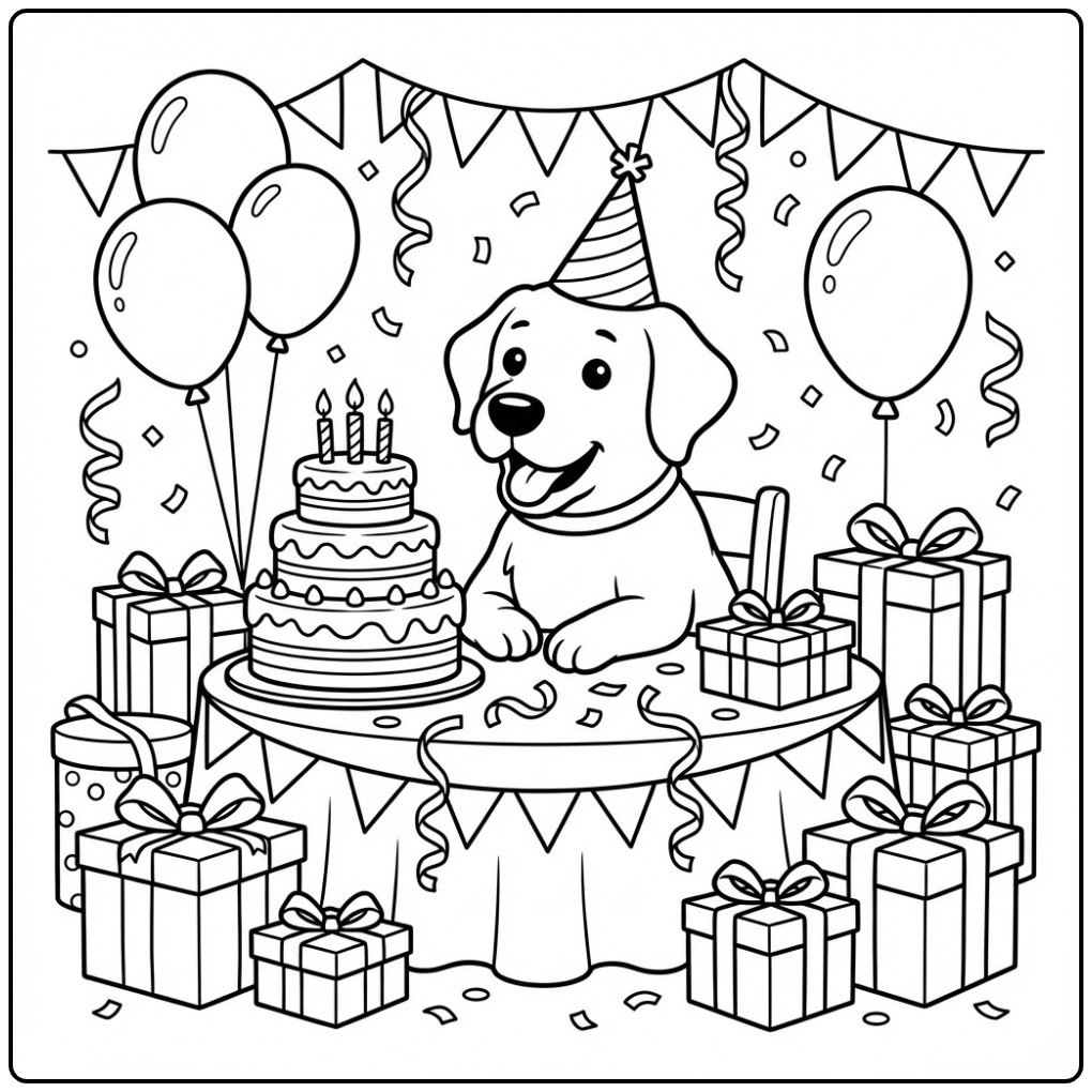 Festive Birthday Labrador with Gifts coloring page