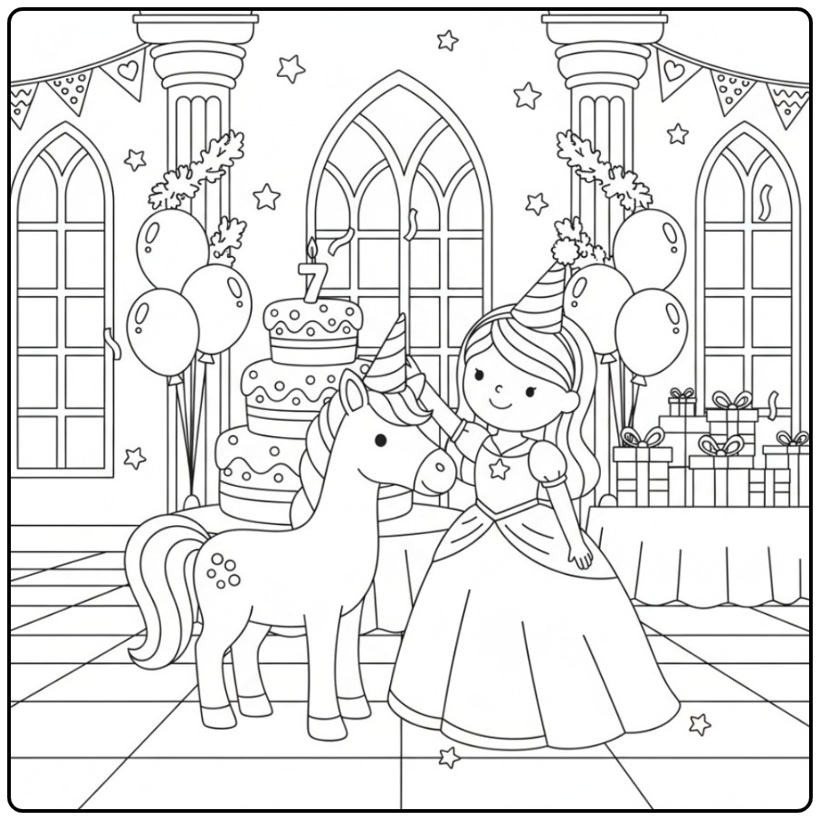 Festive Birthday Princess Unicorn for Girls coloring page