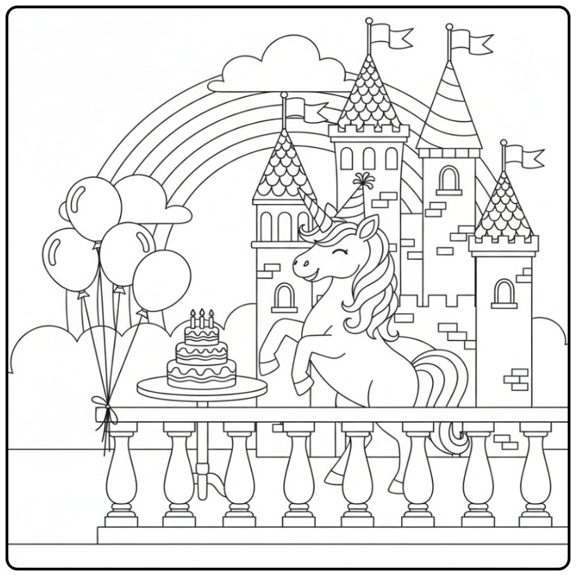 Festive Birthday Unicorn with Balloons and Cake coloring page